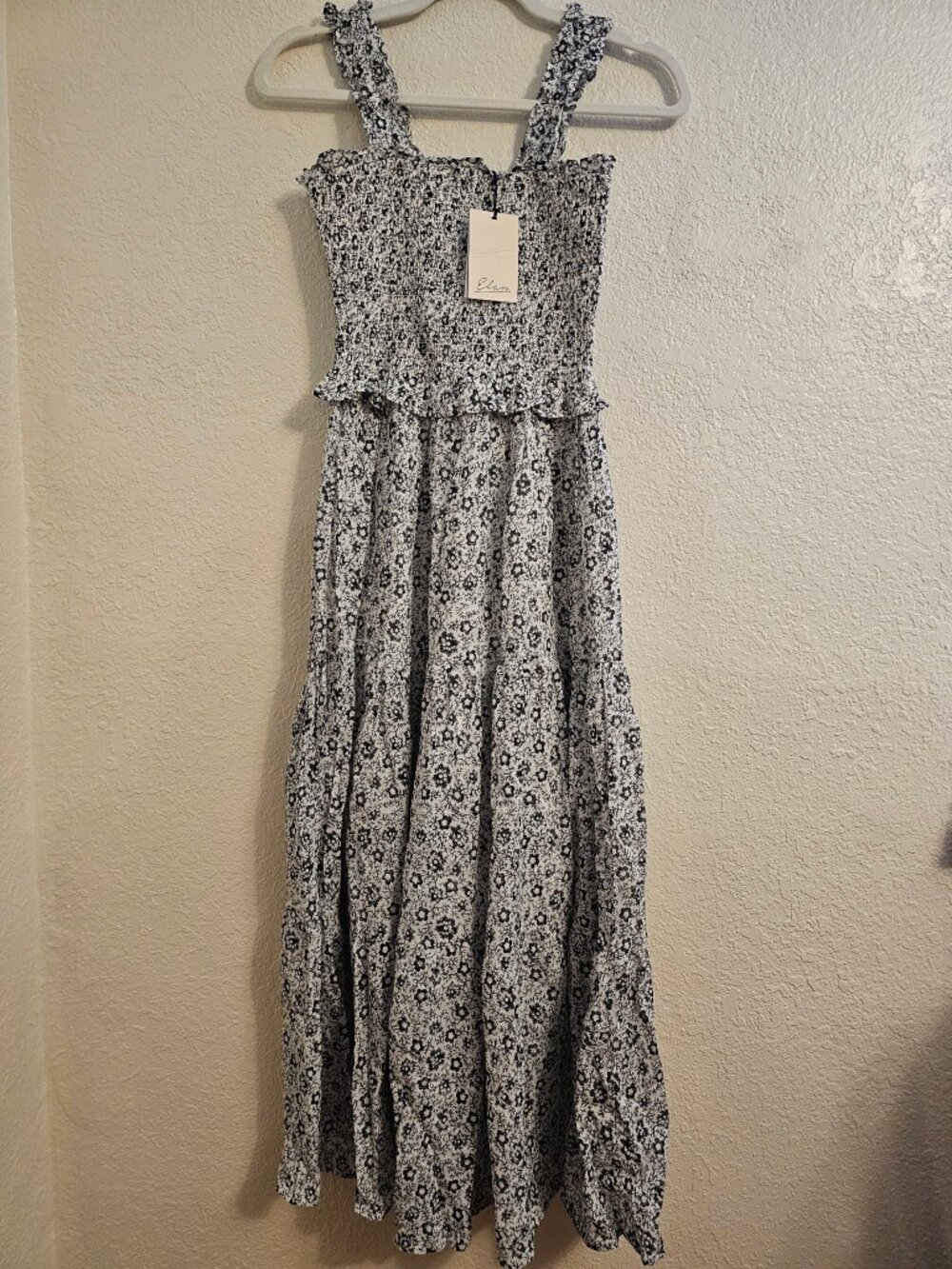 Elan Black White Floral Maxi Dress Smocked Bodice Ruffle Straps Tiered M NWT